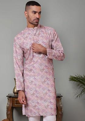 Purple Embroidered Poly Blend Kurta For Men