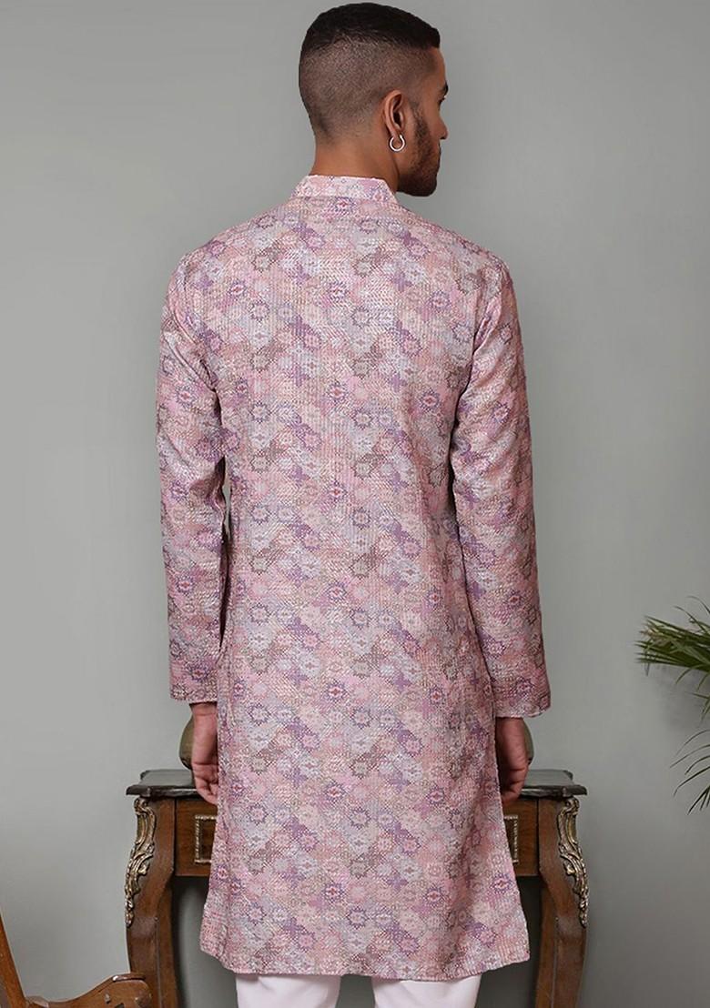 Purple Embroidered Poly Blend Kurta For Men