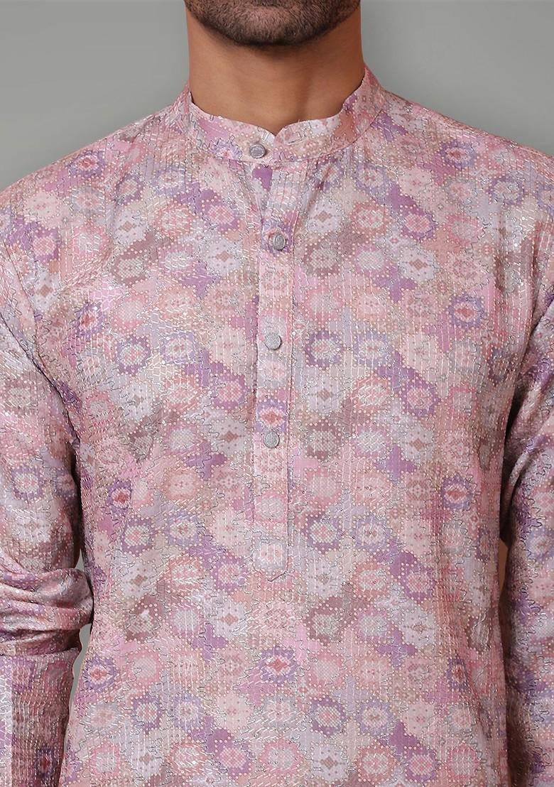 Purple Embroidered Poly Blend Kurta For Men