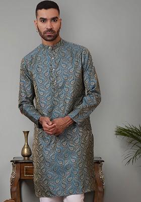 Blue Embroidered Poly Blend Kurta For Men