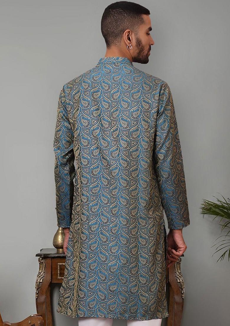 Blue Embroidered Poly Blend Kurta For Men