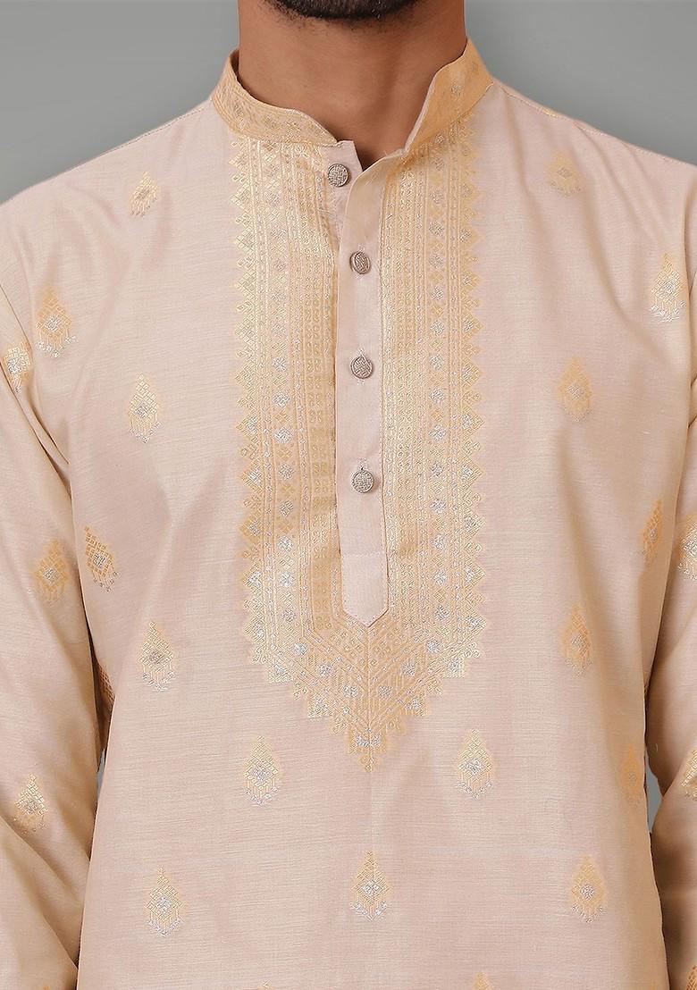 Cream Embroidered Poly Blend Kurta For Men