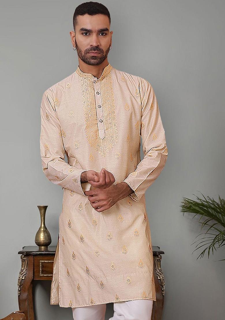 Cream Embroidered Poly Blend Kurta For Men