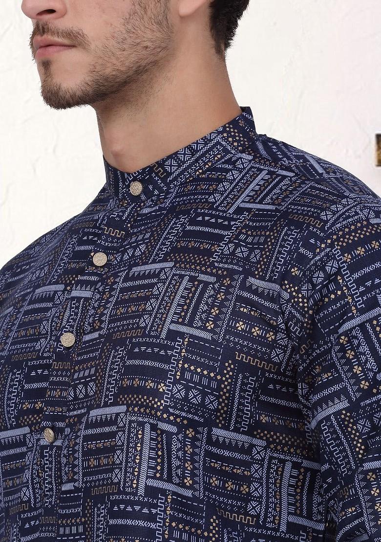 Navy Blue Embroidered Poly Blend Kurta For Men