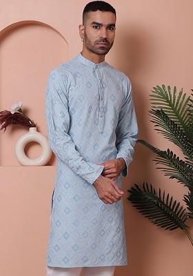 Blue Embroidered Poly Blend Kurta For Men