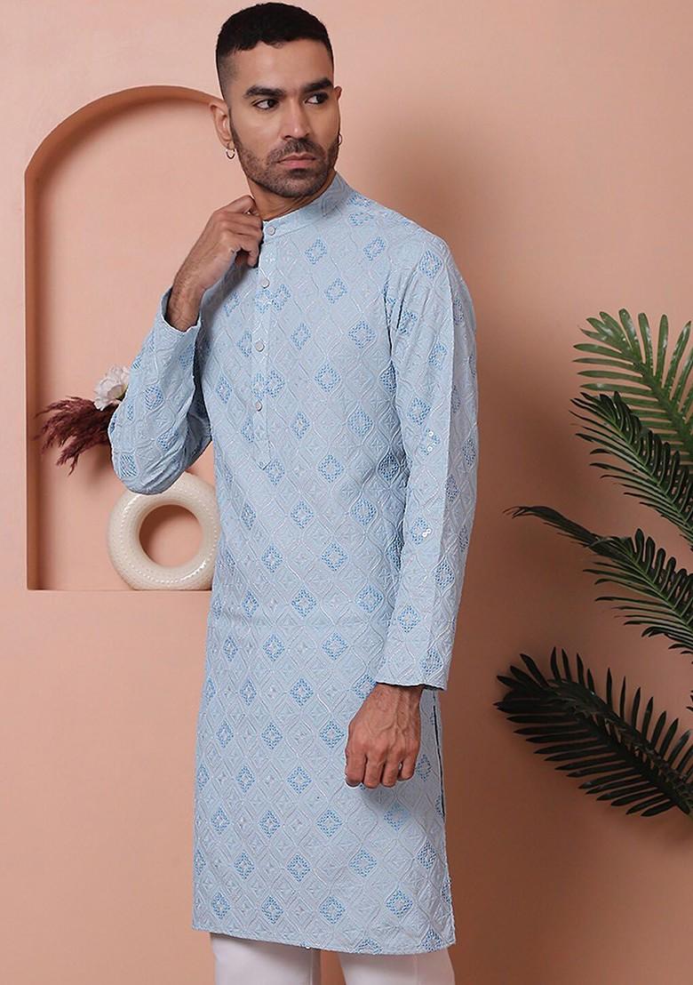 Blue Embroidered Poly Blend Kurta For Men