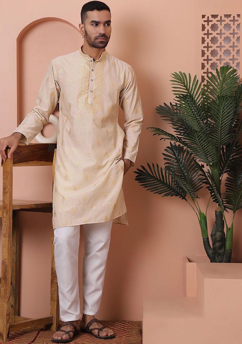 Cream Embroidered Poly Blend Kurta For Men