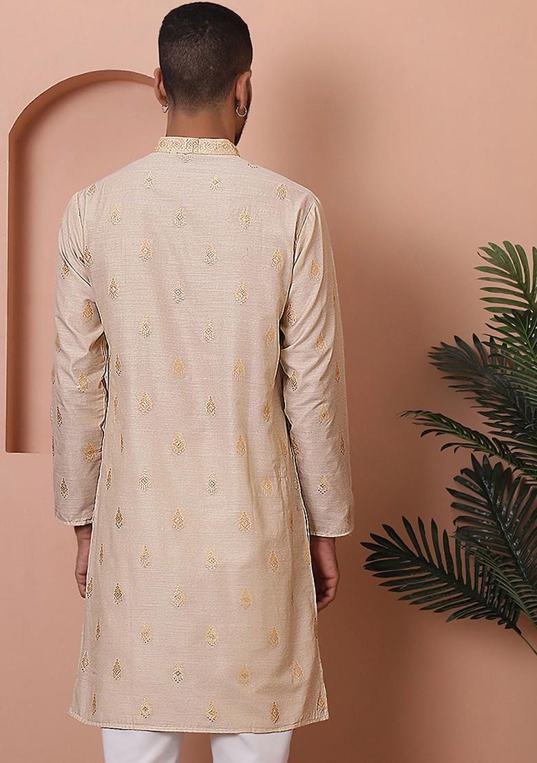 Cream Embroidered Poly Blend Kurta For Men