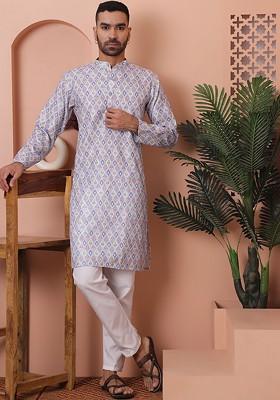 Purple Embroidered Poly Blend Kurta For Men