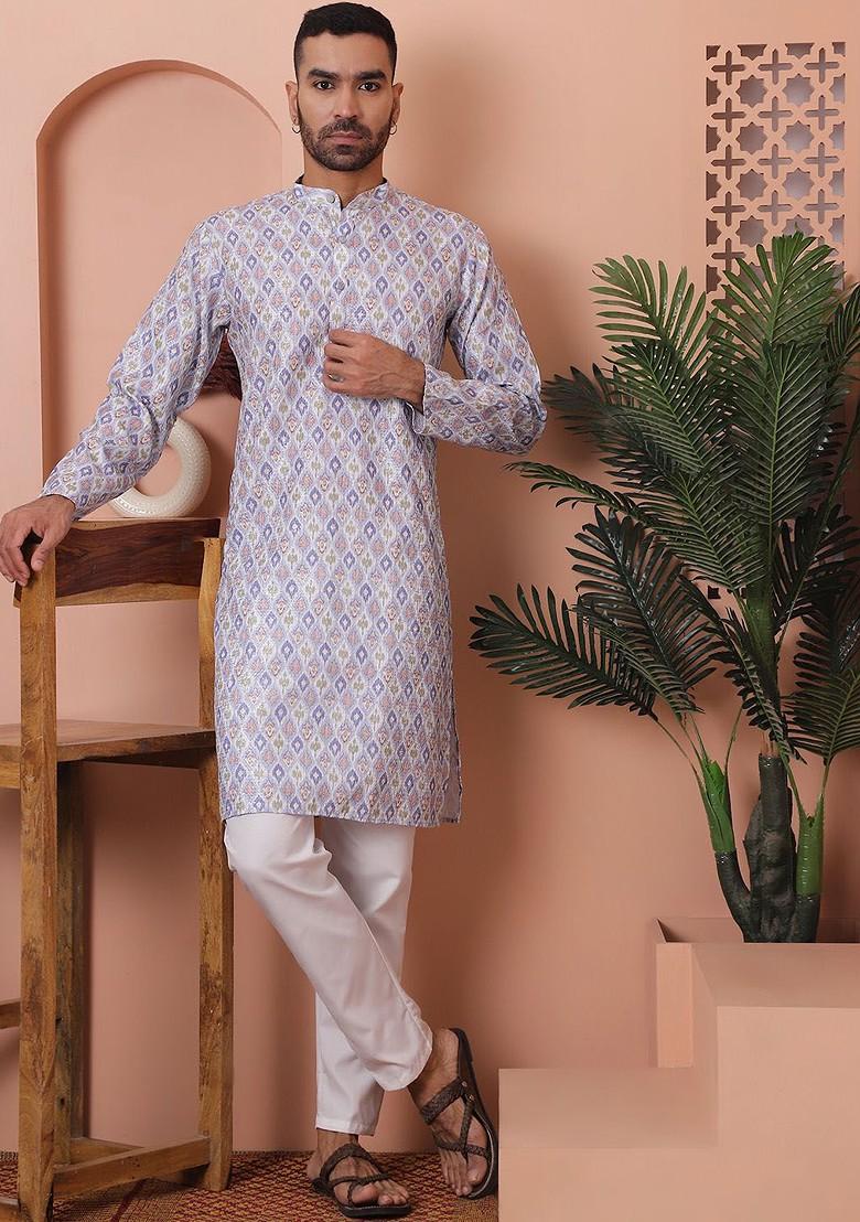 Purple Embroidered Poly Blend Kurta For Men