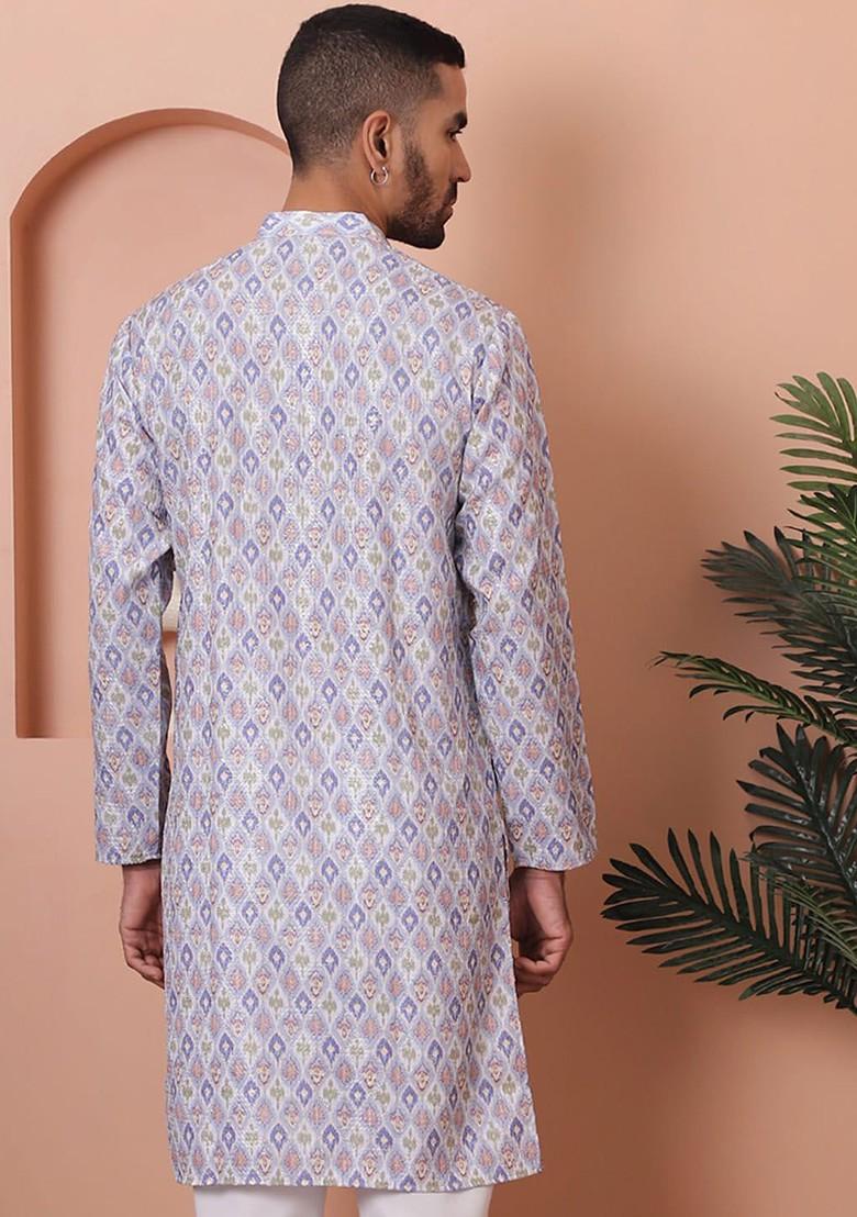 Purple Embroidered Poly Blend Kurta For Men