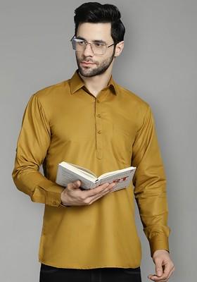 Mustard Yellow Embroidered Poly Blend Kurta For Men