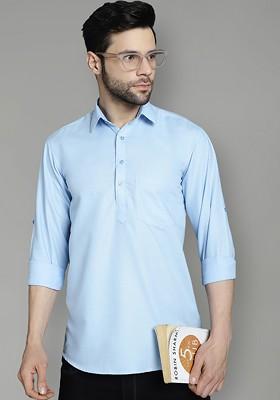 Blue Embroidered Poly Blend Kurta For Men
