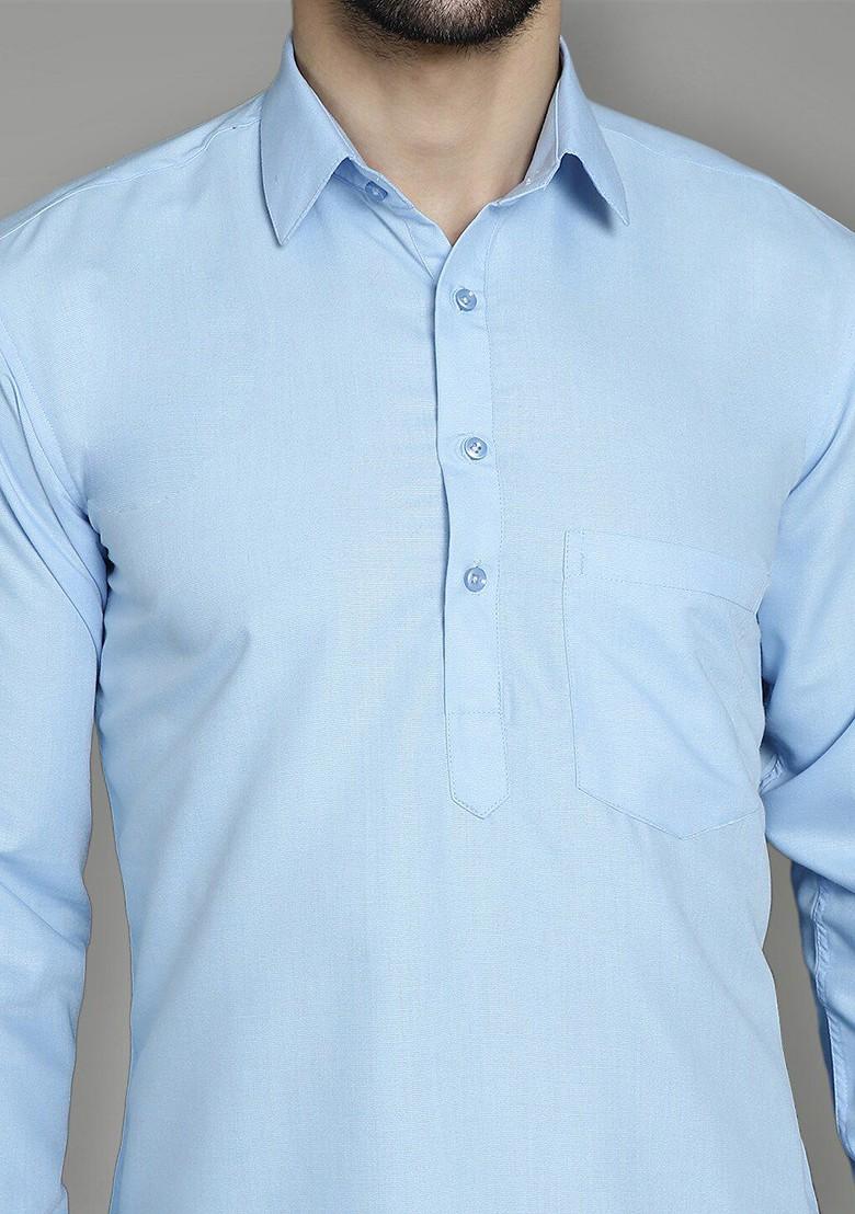 Blue Embroidered Poly Blend Kurta For Men