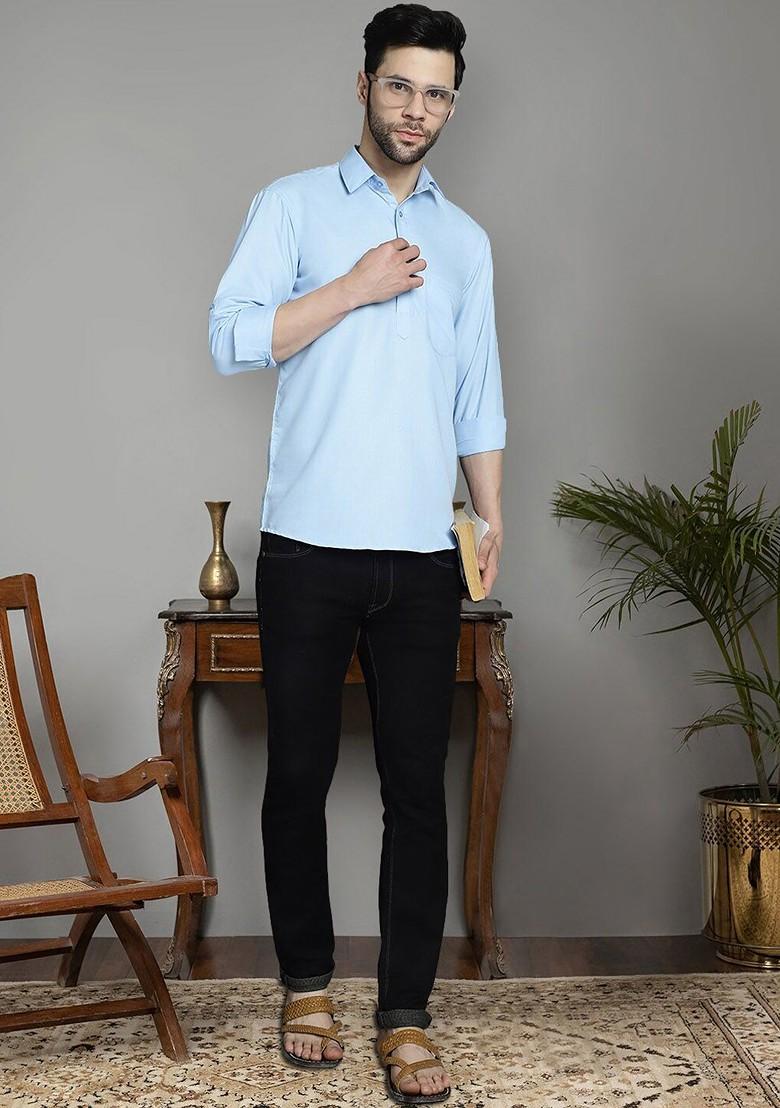 Blue Embroidered Poly Blend Kurta For Men