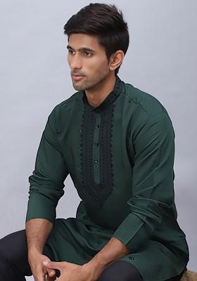 Olive Embroidered Poly Blend Kurta For Men