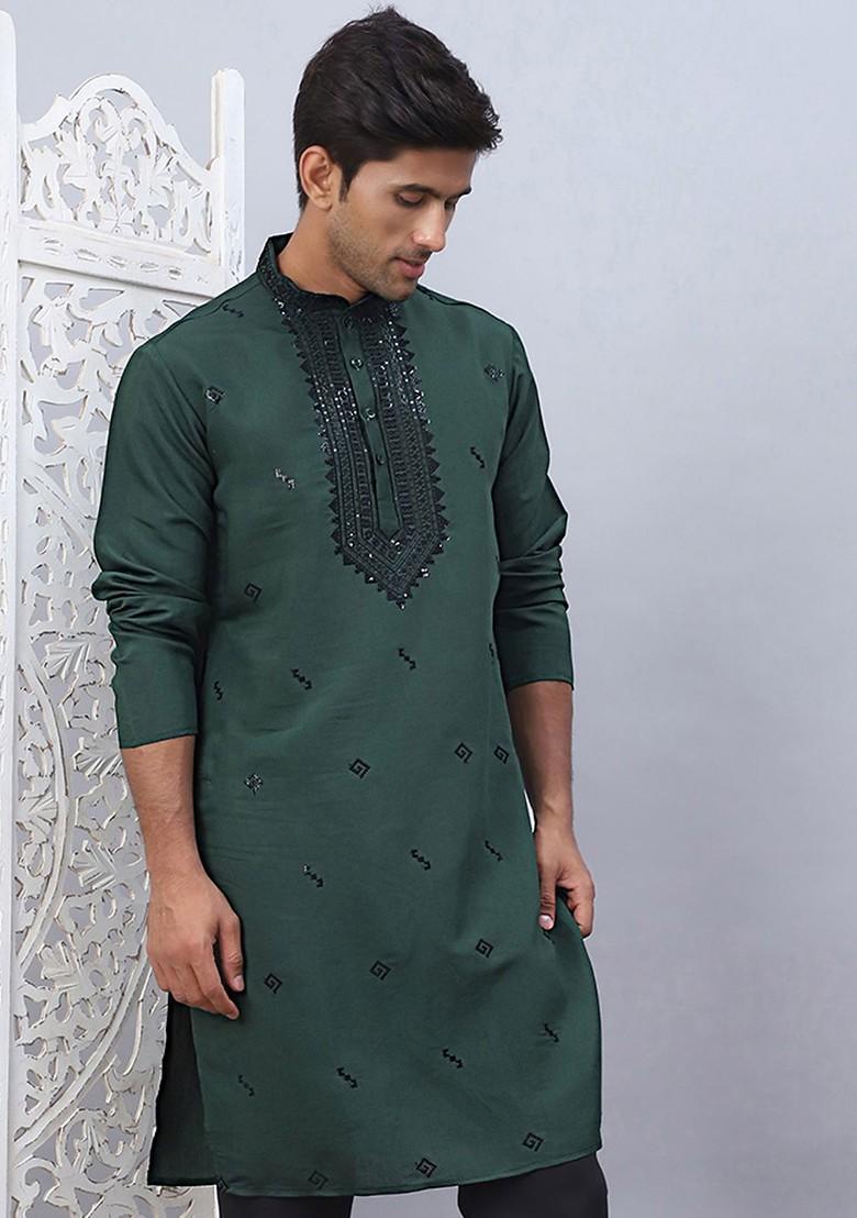 Olive Embroidered Poly Blend Kurta For Men
