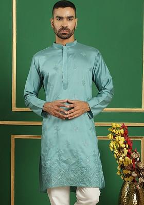 Blue Embroidered Poly Blend Kurta For Men