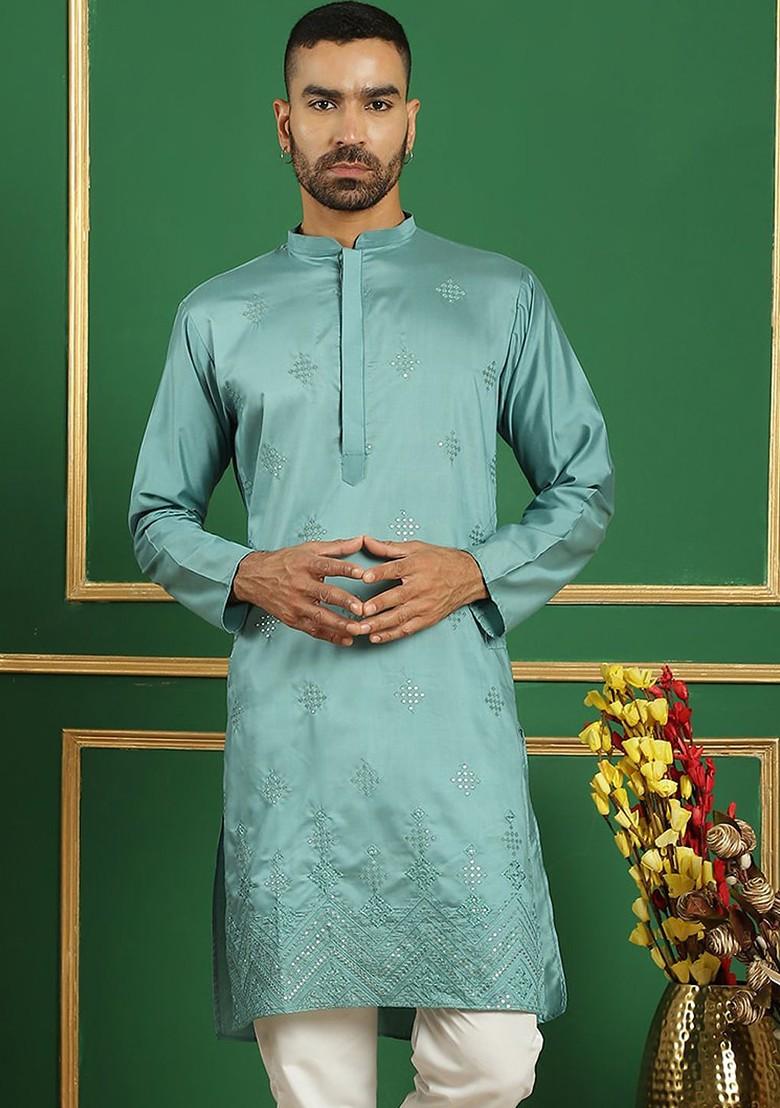 Blue Embroidered Poly Blend Kurta For Men