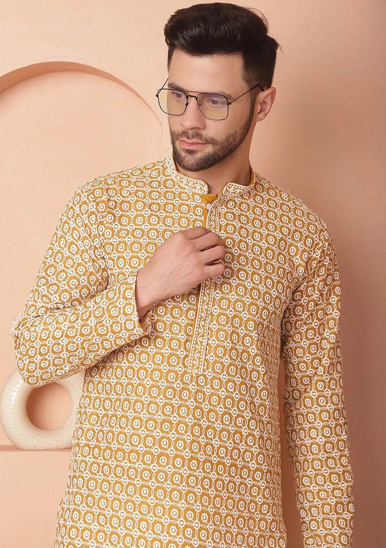 Mustard Yellow Embroidered Poly Blend Kurta For Men