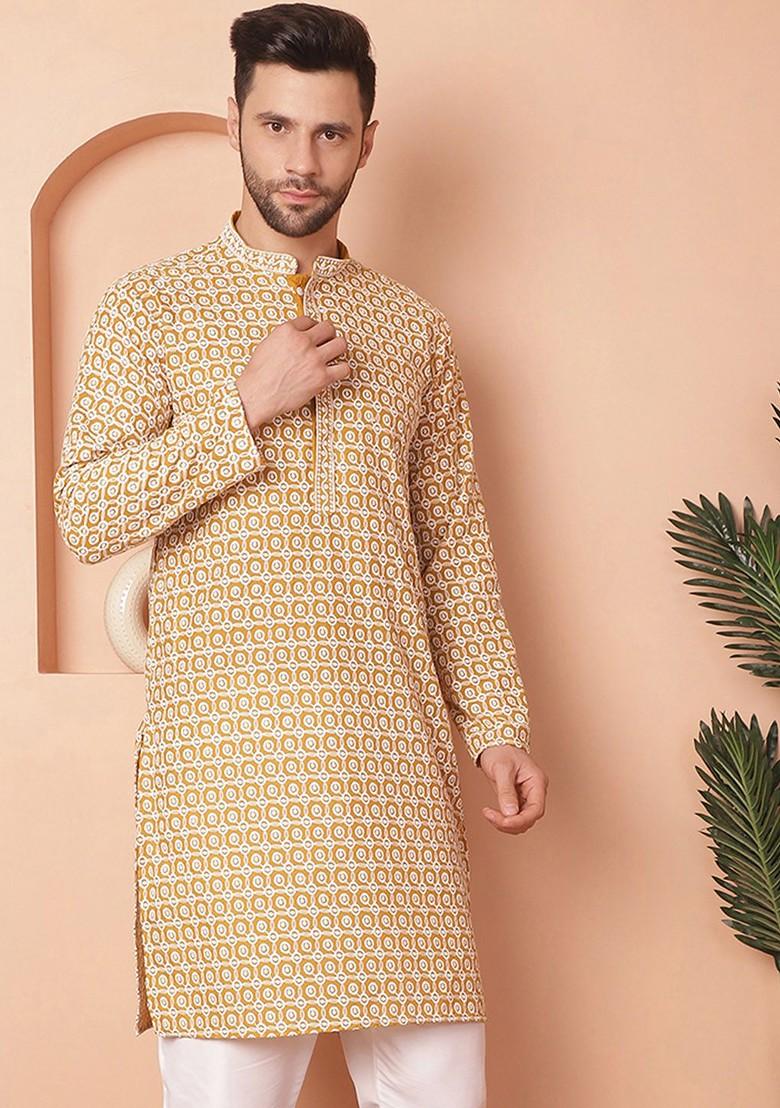 Mustard Yellow Embroidered Poly Blend Kurta For Men