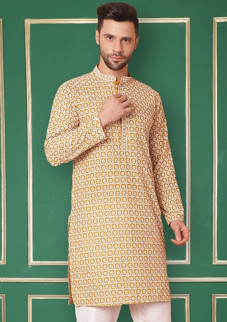 Mustard Yellow Embroidered Poly Blend Kurta For Men
