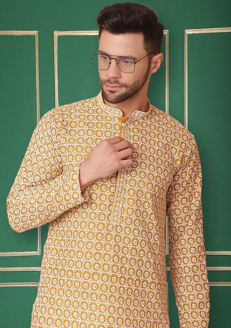 Mustard Yellow Embroidered Poly Blend Kurta For Men