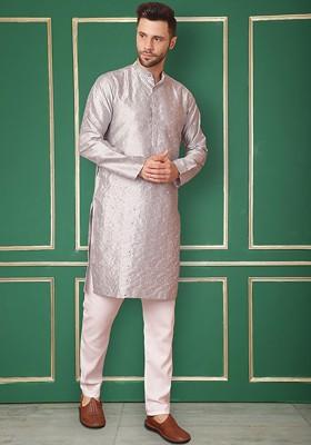 Grey Embroidered Poly Blend Kurta For Men