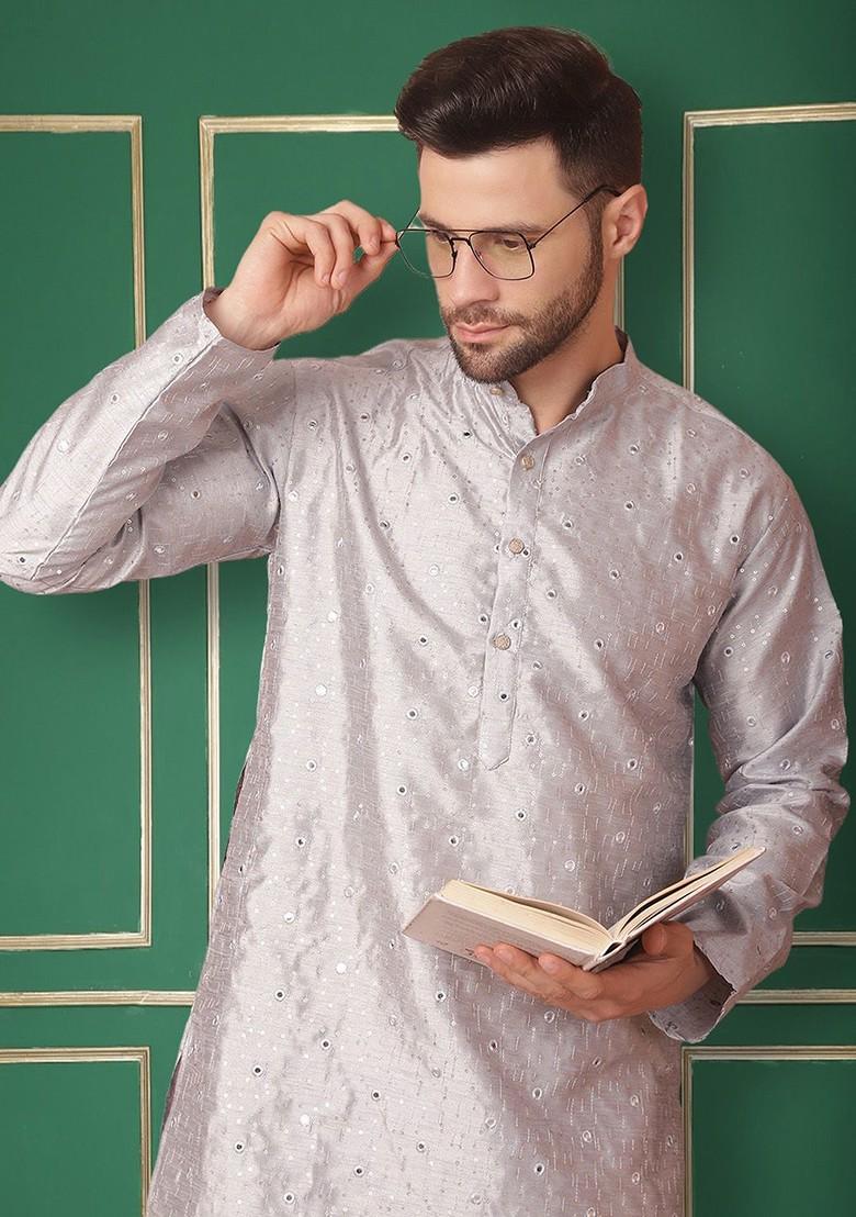Grey Embroidered Poly Blend Kurta For Men