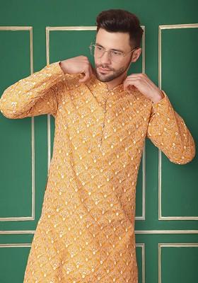 Mustard Yellow Embroidered Poly Blend Kurta For Men