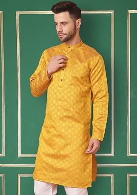 Mustard Yellow Woven Design Poly Blend Kurta For Men