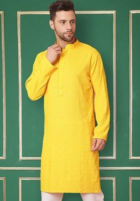 Yellow Embroidered Poly Blend Kurta For Men