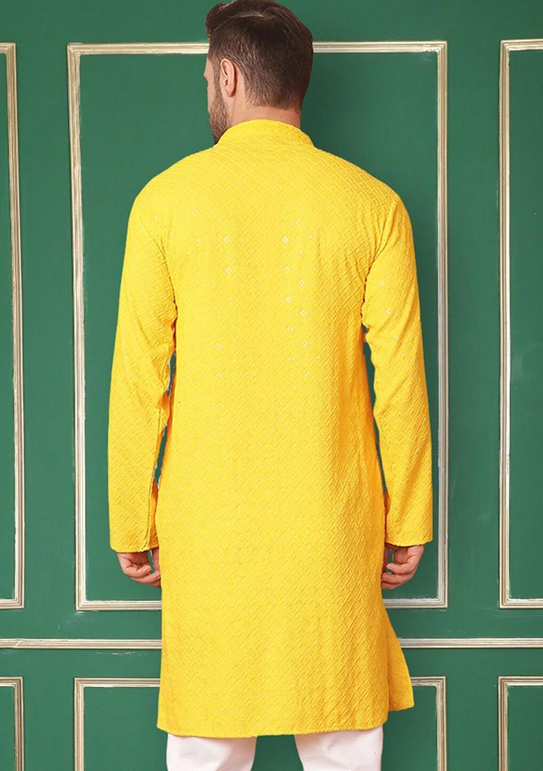 Yellow Embroidered Poly Blend Kurta For Men