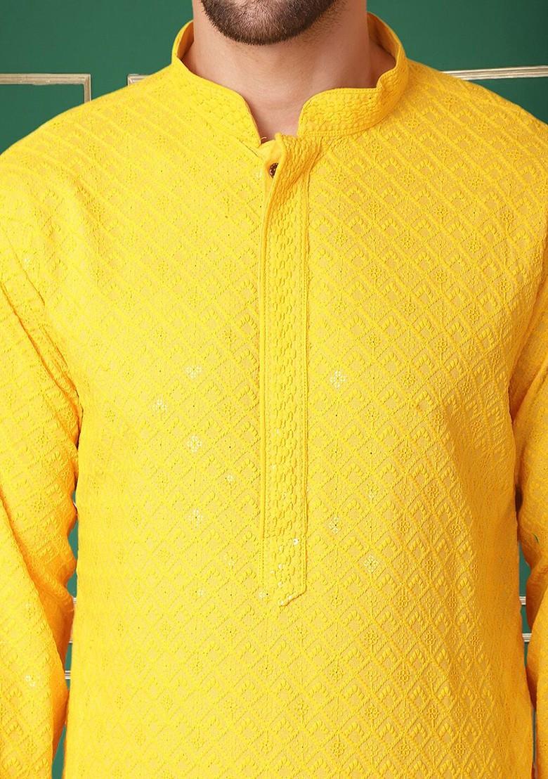 Yellow Embroidered Poly Blend Kurta For Men