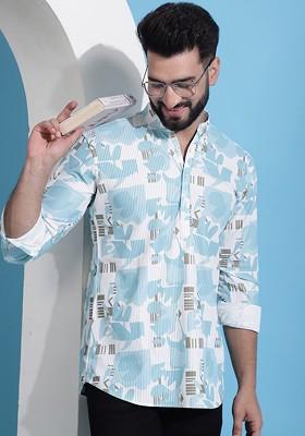 Turquoise Blue Printed Poly Blend Kurta For Men