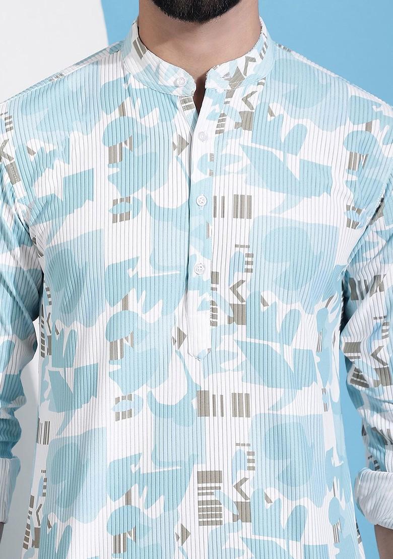 Turquoise Blue Printed Poly Blend Kurta For Men
