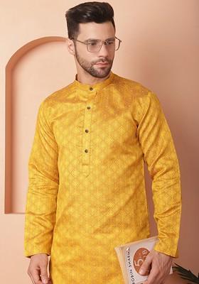 Mustard Yellow Embroidered Poly Blend Kurta For Men
