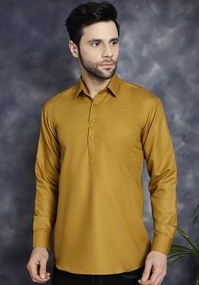 Mustard Yellow Embroidered Poly Blend Kurta For Men