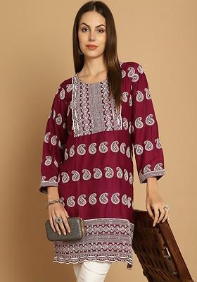 Purple Embroidered Poly Blend Kurta For Men