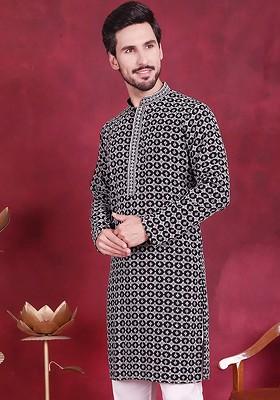 Black Embroidered Poly Blend Kurta For Men