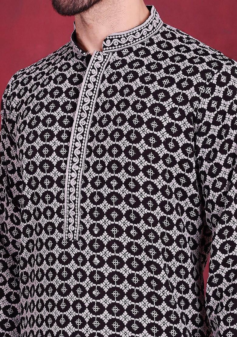 Black Embroidered Poly Blend Kurta For Men