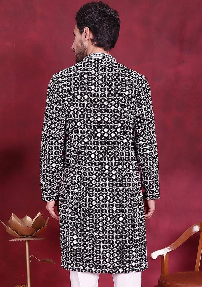Black Embroidered Poly Blend Kurta For Men
