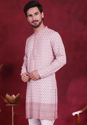 White Embroidered Poly Blend Kurta For Men