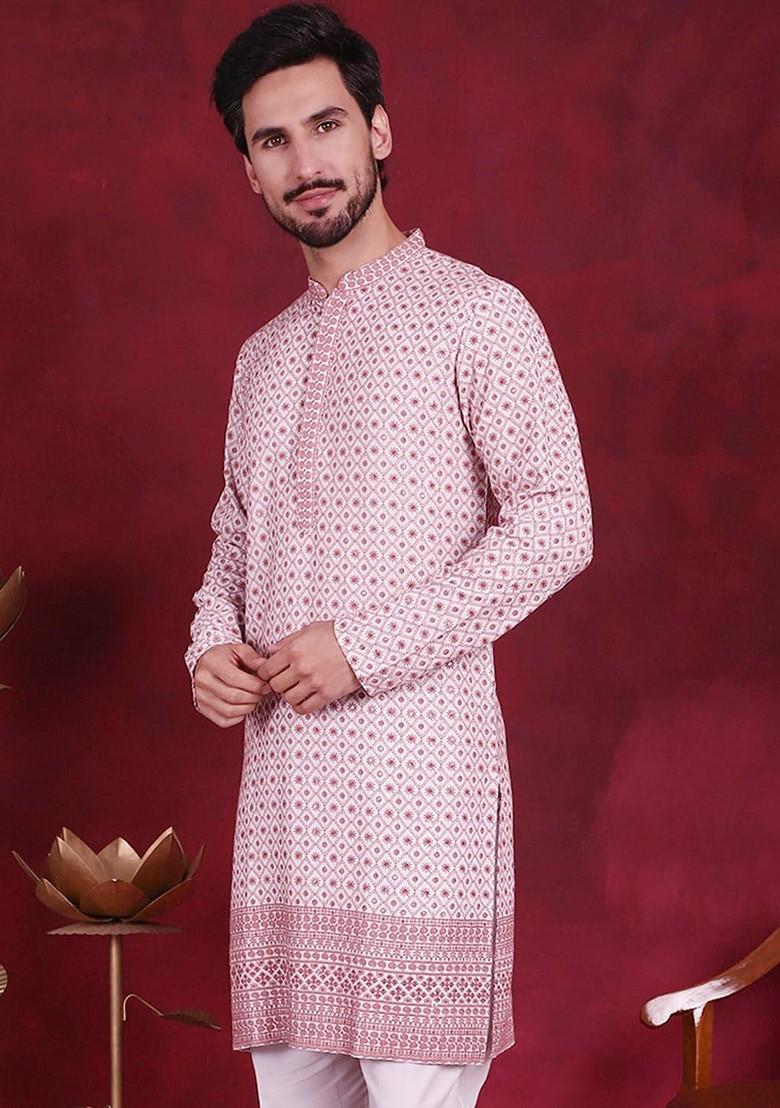 White Embroidered Poly Blend Kurta For Men