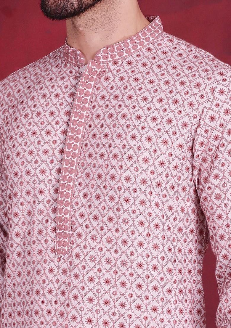 White Embroidered Poly Blend Kurta For Men