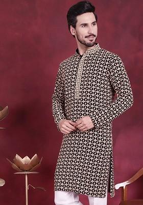 Black Embroidered Poly Blend Kurta For Men