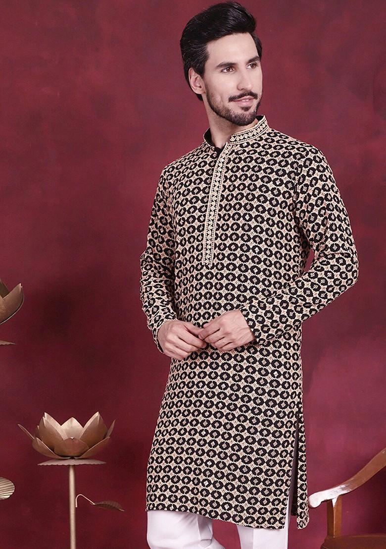 Black Embroidered Poly Blend Kurta For Men