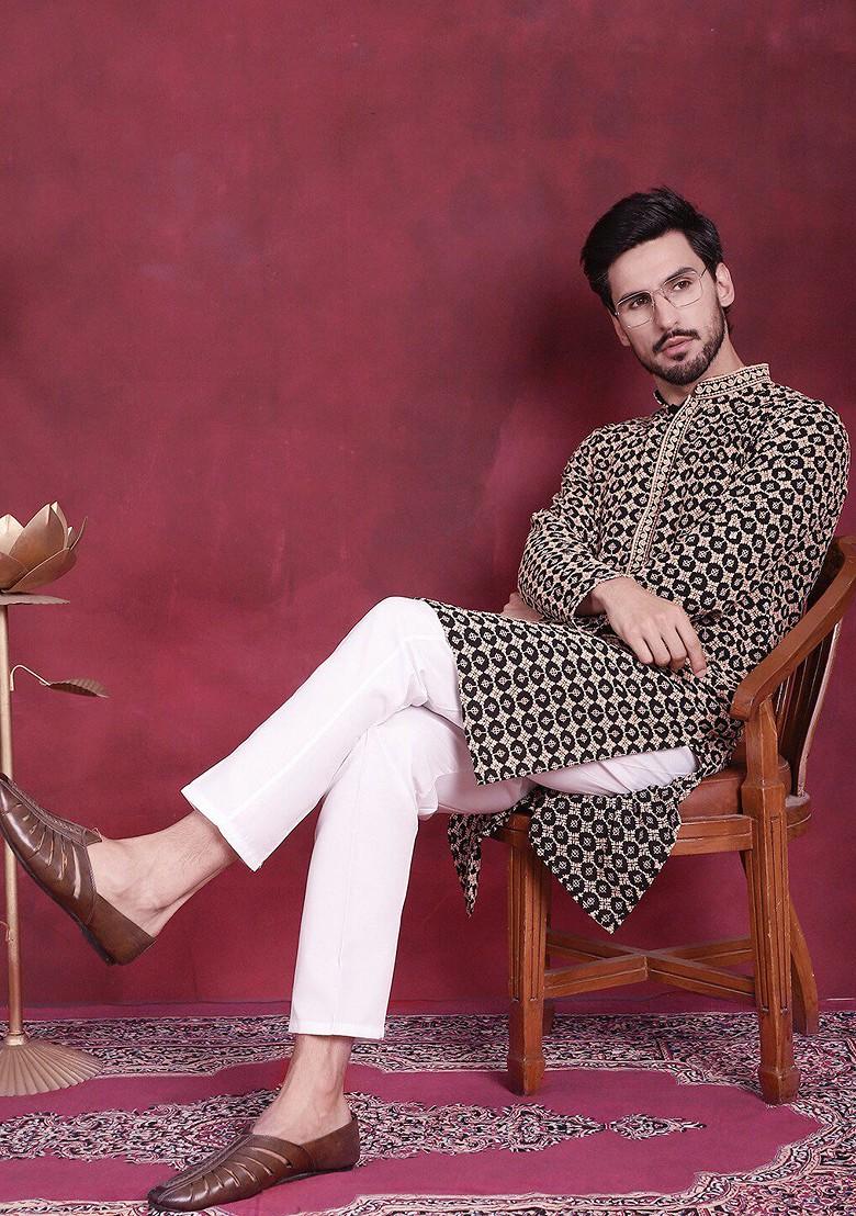 Black Embroidered Poly Blend Kurta For Men