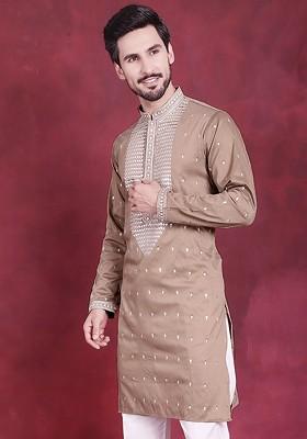 Beige Embroidered Poly Blend Kurta For Men