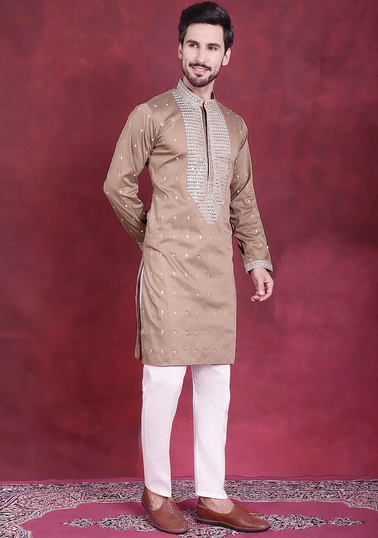 Beige Embroidered Poly Blend Kurta For Men